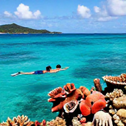 Caribbean Holidays, May Adults Only, Couple snorkelling in clear turquoise water beside a colourful coral reef near the US Virgin Islands, sunny May conditions