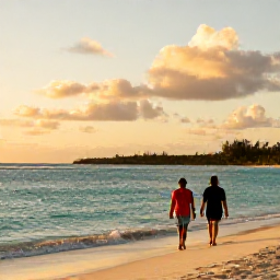 Caribbean Holidays, May Adults-Only Holidays, A couple walking along Grace Bay Beach at sunset in May, Turks and Caicos, with calm turquoise sea and golden light