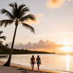 Caribbean Holidays, May Adults-Only Holidays, Couple walking along a palm-fringed Caribbean beach at sunset, with calm water and soft golden light