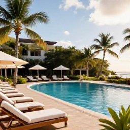 Caribbean Holidays, May Adults-Only Holidays, Elegant adults-only Caribbean resort pool with loungers, cocktails and lush tropical gardens in warm May sunshine