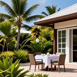 Caribbean Holidays, May Adults-Only Holidays, Elegant adults-only resort terrace in Turks and Caicos with a couple dining outdoors beside a tropical garden