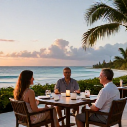 Caribbean Holidays, May Adults-Only Holidays, Happy adult travellers enjoying a quiet Caribbean resort terrace with ocean views during a warm May evening