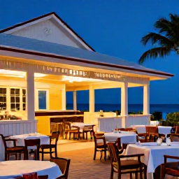 Caribbean Holidays, May Adults-Only Holidays, Local seafood restaurant in Turks and Caicos at dusk, with outdoor tables and a relaxed Caribbean atmosphere