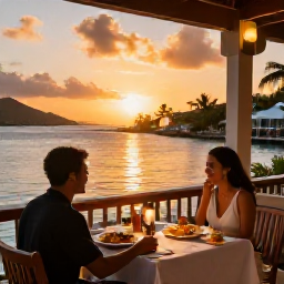 Caribbean Holidays, May Adults Only, Outdoor Caribbean restaurant on a waterfront in the United States Virgin Islands, couple dining at sunset with local dishes