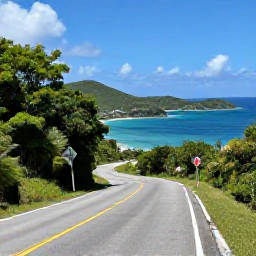 Caribbean Holidays, May Adults Only, Scenic coastal road and tropical hills on St John in the United States Virgin Islands, clear blue sea and lush vegetation