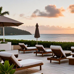 Caribbean Holidays, May Adults Only, Stylish adults-only hotel terrace overlooking the Caribbean Sea at sunset in the US Virgin Islands, comfortable loungers and soft evening light