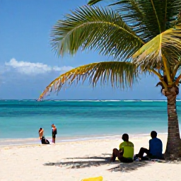 Caribbean Holidays, May Adventure Holidays, A bright coastal scene in the Dominican Republic in May, with turquoise sea, green palms and travellers preparing for outdoor adventures