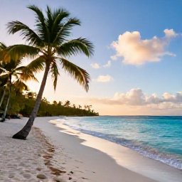 Caribbean Holidays, May Adventure Holidays, A lively Caribbean beach at sunrise in May, with turquoise water, palm trees and a small kayak near the shore