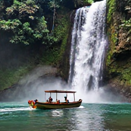 Caribbean Holidays, May Adventure Holidays, A small adventure boat passing beneath a waterfall in the Dominican Republic, surrounded by dense green jungle and clear river water