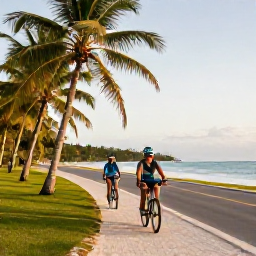 Caribbean Holidays, May Adventure Holidays, An adventurous couple cycling beside a tropical Dominican Republic beach, with palm trees, a quiet road and warm afternoon light
