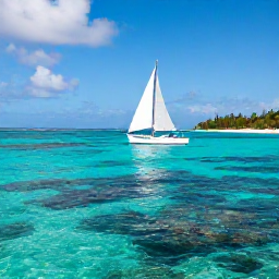 Caribbean Holidays, May Adventure Holidays, Colourful Caribbean coastline with a small sailing boat, snorkellers in clear water and coral reef visible below the surface