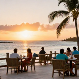Caribbean Holidays, May Adventure Holidays, Comfortable Caribbean hotel terrace overlooking a tropical bay at sunset, with outdoor seating and guests relaxing after an active day
