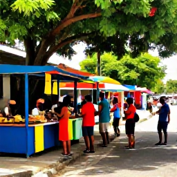 Caribbean Holidays, May Adventure Holidays, Friendly Caribbean village street with a colourful market, local food stalls, musicians and visitors chatting in the shade