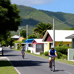 Caribbean Holidays, May Adventure Holidays, Friendly visitors cycling along a quiet tropical road in Saint Kitts with green hills and colourful houses