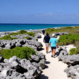Caribbean Holidays, May Adventure Holidays, Hikers walking along a rugged coastal trail with limestone rocks, scrub vegetation and ocean views on a Turks and Caicos island