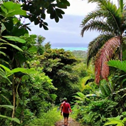 Caribbean Holidays, May Adventure Holidays, Hikers walking through lush green rainforest on Mount Liamuiga in Saint Kitts, with tropical foliage and distant sea views