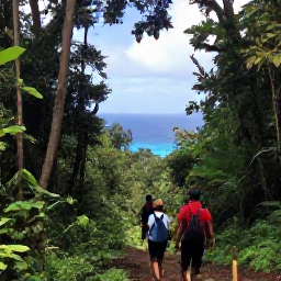 Caribbean Holidays, May Adventure Holidays, Hikers walking through lush rainforest on Saint Vincent towards a viewpoint over the Caribbean Sea
