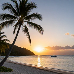 Caribbean Holidays, May Adventure Holidays, Relaxed sunset over a quiet Caribbean beach with palm trees and small boats in Saint Vincent and the Grenadines