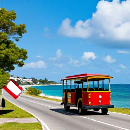 Caribbean Holidays, May Adventure Holidays, Scenic coastal road and historic railway carriage travelling beside the sea on Saint Kitts, under a bright Caribbean sky