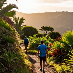 Caribbean Holidays, May Adventure Holidays, Travellers hiking along a lush mountain trail in the Dominican Republic, with tropical plants, distant hills and soft morning sunlight