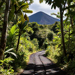Caribbean Holidays, May Adventure Holidays, Travellers hiking through lush Caribbean rainforest on a marked trail, with volcanic hills and sunlight filtering through the leaves