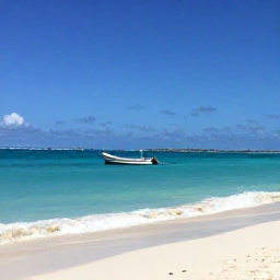 Caribbean Holidays, May Adventure Holidays, Turquoise sea, white sand beach and a small boat near Providenciales in the Turks and Caicos Islands during sunny May weather