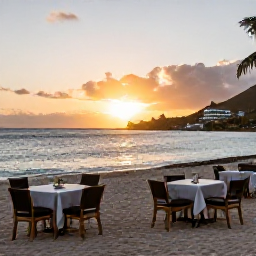 Caribbean Holidays, May Adventures, A relaxed Caribbean beach at sunset with outdoor tables and local food on Saint Martin