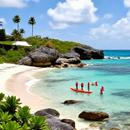 Caribbean Holidays, May Adventures, Kayakers exploring clear shallow water beside a sandy beach and rocky headland on Saint Barth&eacute;lemy