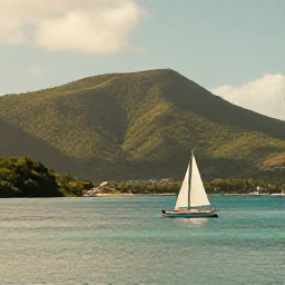 Caribbean Holidays, May Adventures, Small sailing boat passing green hills and a peaceful bay near Gustavia, Saint Barth&eacute;lemy, in warm May light
