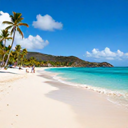 Caribbean Holidays, May Adventures, Travellers relaxing on a sunny Saint Barth&eacute;lemy beach with turquoise sea, palm trees and hills in the background
