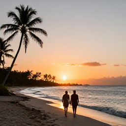 Caribbean Holidays, May All-Inclusive Holidays, Couple walking along a quiet Caribbean beach at sunset in May, gentle waves, warm light and palm silhouettes