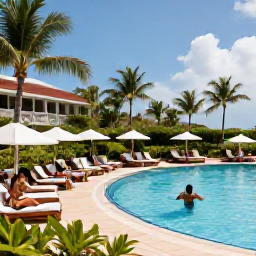 Caribbean Holidays, May All-Inclusive Holidays, Elegant all-inclusive Caribbean resort with swimming pool, sun loungers, tropical gardens and guests enjoying a relaxed afternoon