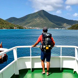 Caribbean Holidays, May Backpacking, A backpacker arriving by small ferry at Kingstown harbour, Saint Vincent, with green hills and bright Caribbean water