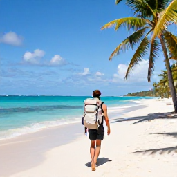 Caribbean Holidays, May Backpacking, A backpacker with a light rucksack walking along a sunny Caribbean beach in May, turquoise sea and palm trees