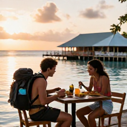Caribbean Holidays, May Backpacking, A friendly backpacker enjoying a casual meal at a small waterfront restaurant in the Grenadines at sunset