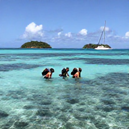 Caribbean Holidays, May Backpacking, Backpackers snorkelling above a coral reef at Tobago Cays with small islands and sailing boats in the background