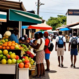 Caribbean Holidays, May Backpacking, Colourful Caribbean market street with local traders, tropical fruit stalls and backpackers exploring in warm May sunshine