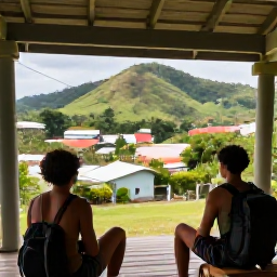Caribbean Holidays, May Backpacking, Friendly backpackers relaxing on a shaded guesthouse veranda overlooking a Caribbean village and lush hills