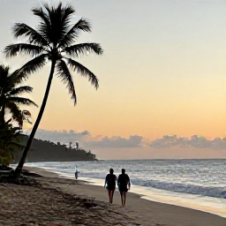 Caribbean Holidays, May Beach Holidays, A couple walking along a quiet Saint Vincent beach at sunset in May, with palm silhouettes, gentle waves and warm evening light