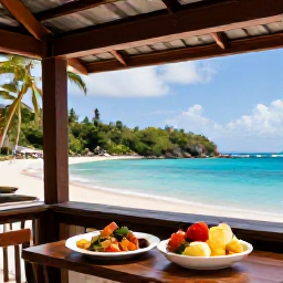 Caribbean Holidays, May Beach Holidays, A friendly Caribbean beach bar serving fresh local food beside a palm-lined bay in Saint Vincent and the Grenadines