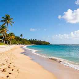Caribbean Holidays, May Beach Holidays, A wide golden beach on Saint Vincent with calm turquoise Caribbean water, palm trees and bright May sunshine