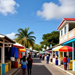 Caribbean Holidays, May Beach Holidays, Colourful Caribbean market and historic street in Basseterre, Saint Kitts, with visitors exploring in warm sunshine