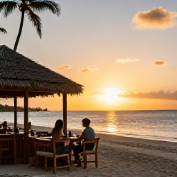 Caribbean Holidays, May Beach Holidays, Couple enjoying sunset from a relaxed Saint Kitts beachfront restaurant, with glowing sky and calm Caribbean sea