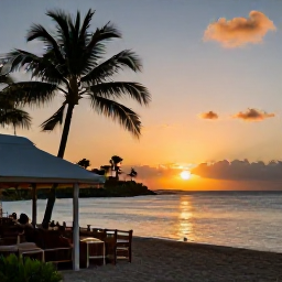 Caribbean Holidays, May Beach Holidays, Golden Caribbean sunset over Saint Martin and Sint Maarten, calm sea, silhouettes of palm trees and a relaxed beachfront restaurant