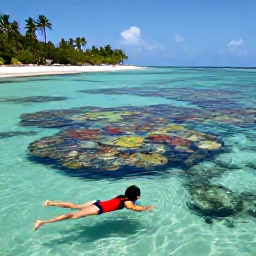 Caribbean Holidays, May Beach Holidays, Snorkeller exploring clear shallow water over a colourful reef near Saint Kitts, with a sandy beach in the background