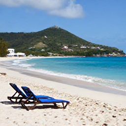 Caribbean Holidays, May Beach Holidays, Traveller relaxing on a quiet sandy beach in Sint Maarten, gentle Caribbean waves, sun loungers and green hills in the background