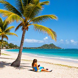 Caribbean Holidays, May Beach Holidays, Travellers relaxing beneath palm trees on a peaceful Saint Kitts beach, with Nevis visible across the sea