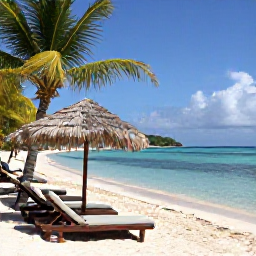 Caribbean Holidays, May Beach Holidays, Visitors relaxing on a quiet Caribbean beach in May, with palm-shaded loungers, clear shallow water and a small island in the distance