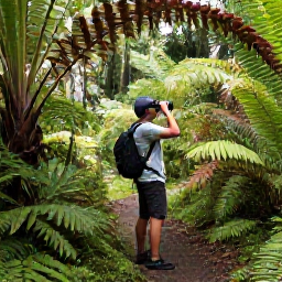 Caribbean Holidays, May Birdwatching, A birdwatcher with binoculars on a rainforest trail in Saint Vincent, surrounded by ferns, palms and tropical woodland