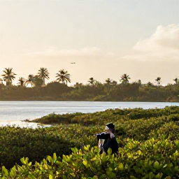 Caribbean Holidays, May Birdwatching, A bright May morning at a quiet Caribbean wetland on Saint Martin, with binoculars, mangroves, palms and wading birds in the distance